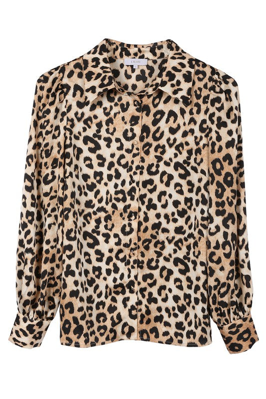 Satin leopard blouse- Satin leopard blouse- Pattern type : leopard pattern- Neck line : shirt collar- Sleeve type : regular sleeves- Sleeve length : long sleeves- Stretch : no stretch- 