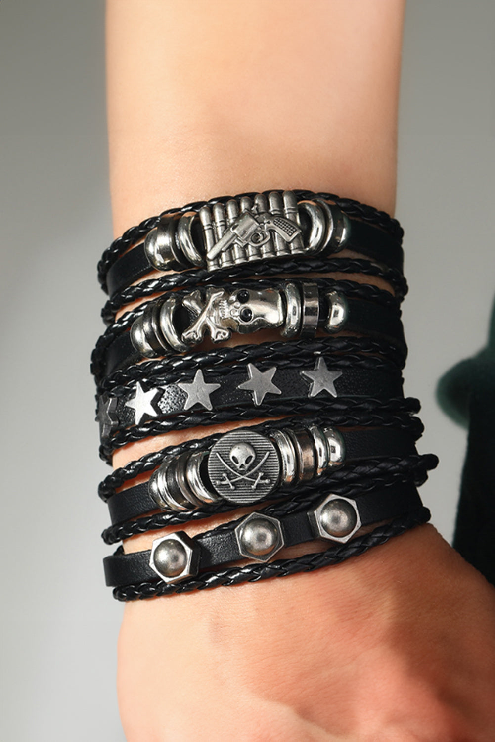 Black Gun Skull Star PU Leather Bracelet Set