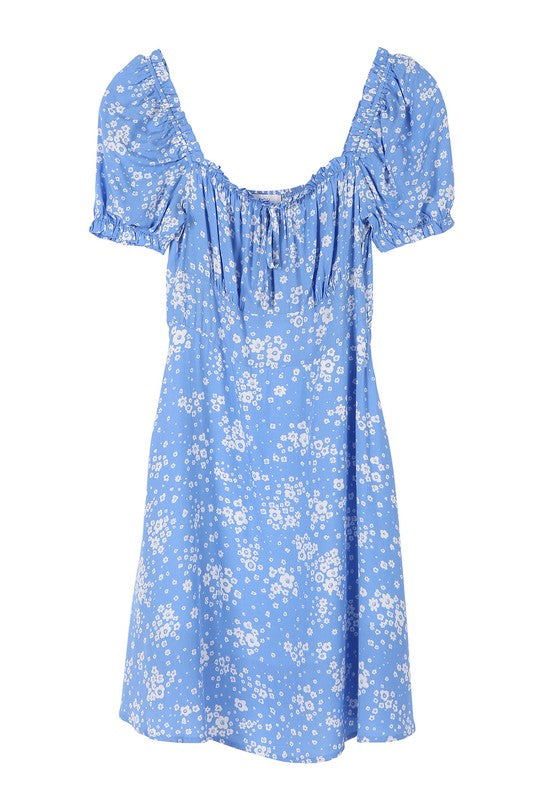 SS puff sleeve dress*Bow-tie ruched bust with puff sleeve blue floral print dress*Pattern type : floral print *Neck line : square neck*Sleeve type : puff sleeves*Sleeve length : short s