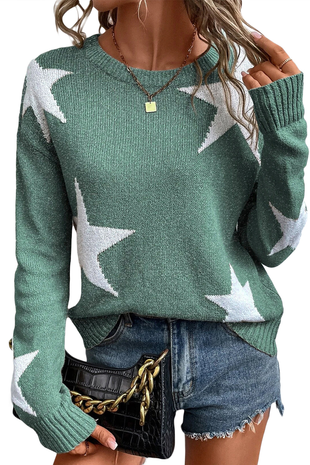 Khaki Star Pattern Drop Shoulder Knit SweaterMaterial:100%Polyester

• Elevate your casual look with our sweater, featuring a trendy star design on a cozy rib-knit fabric.
• The drop shoulder design adds a ch