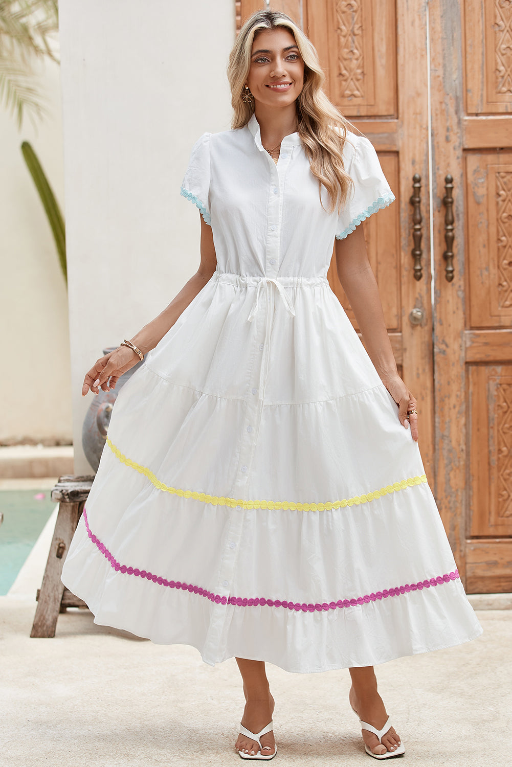 White High Waist Short Sleeve Tiered Shirt DressMaterial:100%Cotton



		The dress features a stylish and feminine design with delicate applique details, adding a touch of elegance to your outfit.
	
	
		Made 