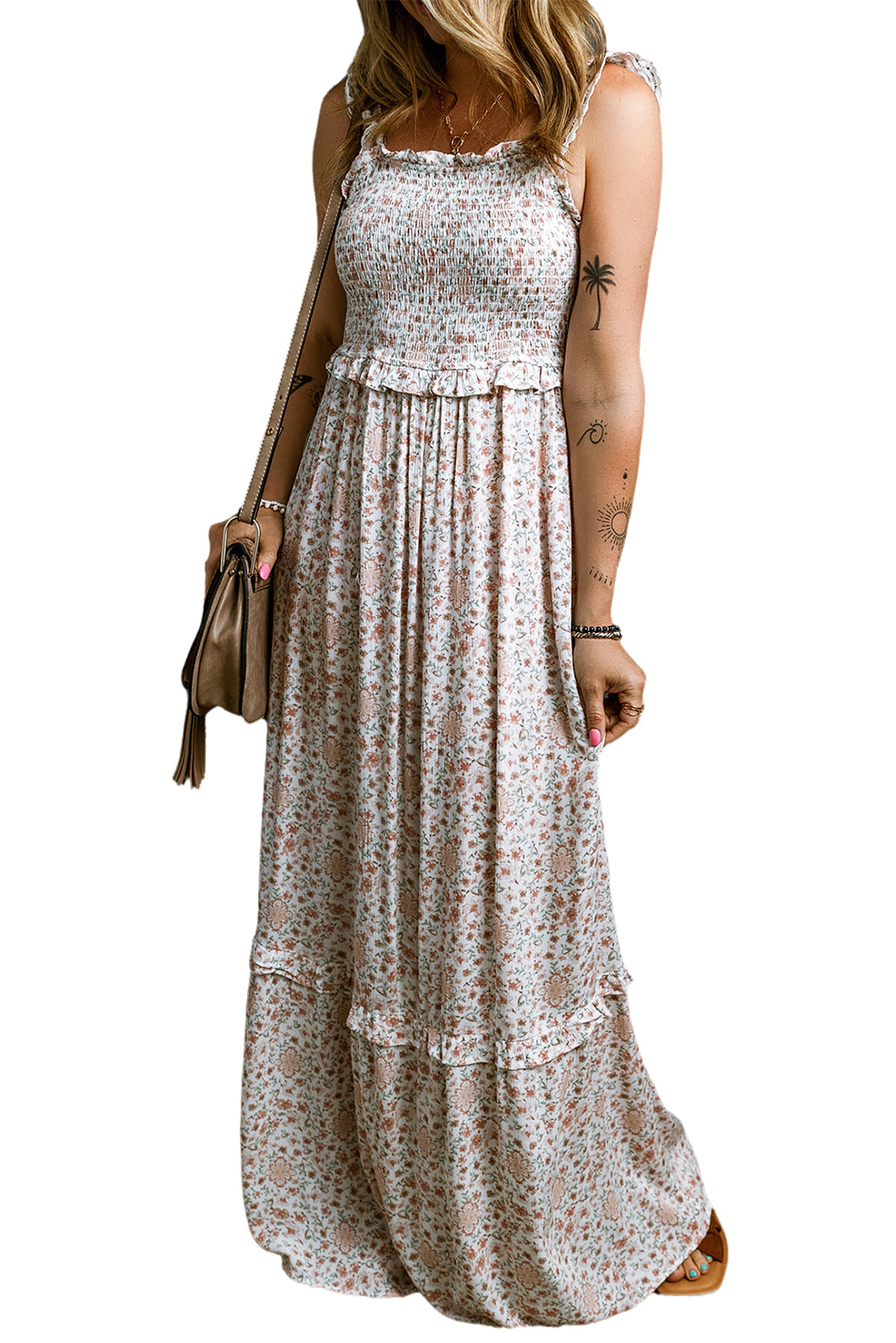 White Floral Print Lace Frilly Straps Shirred Maxi DressMaterial:100%Viscose

• Delicately adorned with a white floral print, this maxi dress exudes a feminine charm that is perfect for day-to-day wear.
• The frilly lac