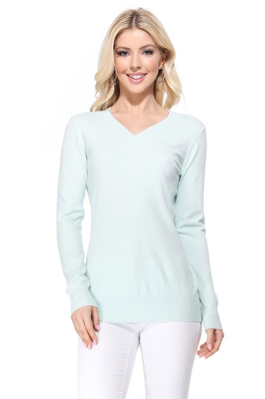 Women's Long Sleeve V-Neck Pulll Over Sweater Top- 25"-26.5" Length, V-Neck, Long Sleeve, Casual, Basic, and Classic Viscose Knitted Pullover Sweater- Lightweight Knit Pullover Sweater with High Quality Soft Viscos