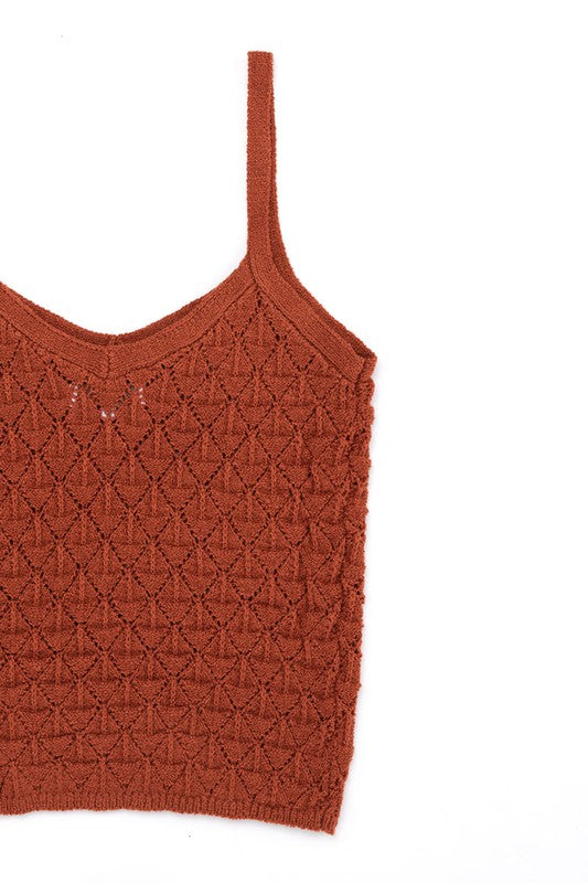 Crochet knit tank- Crochet knit tank- Pattern type : solid- Sleeve length : sleeveless- Stretch : stretch- Sheer : sheer due to loose texture- Care instruction : machine wash cold, o