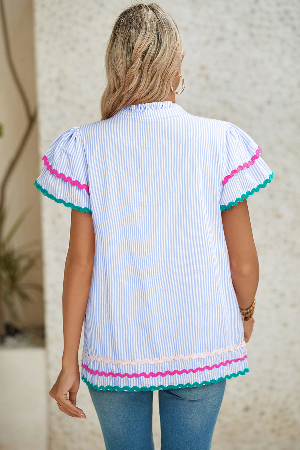 Sky Blue Striped Ricrac Splicing Frill V-Neck BlouseMaterial:100%Cotton



		Playful stripes: This blouse features a fun striped pattern with flirty frill details and a flattering V-neck.
	
	
		Chic and charming: