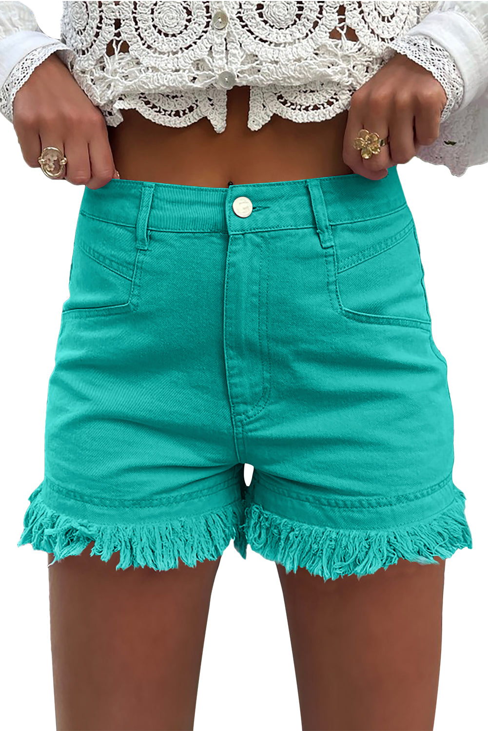 Turquoise Raw Hem Mid Rise Denim ShortsMaterial:98%Cotton+2%Elastane



		Discover a level of style that surpasses expectations with these denim shorts, offering a chic and fashionable look that goes be