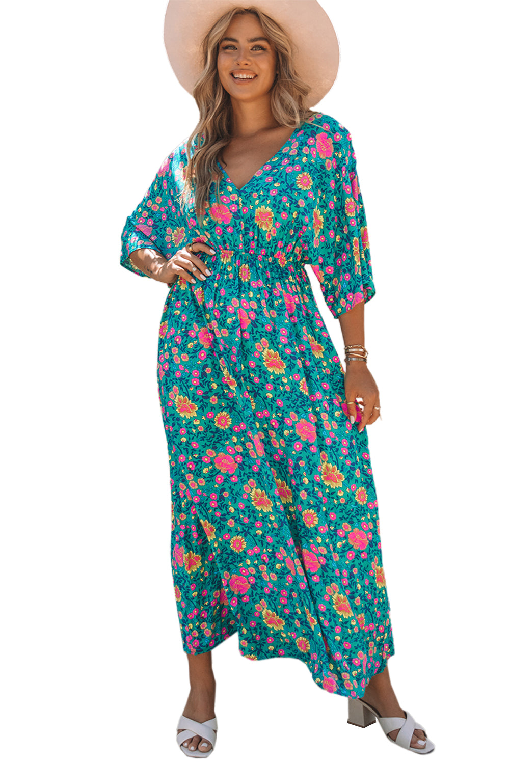 Floral Print Deep V Neck Flutter Sleeve Boho Maxi Dress