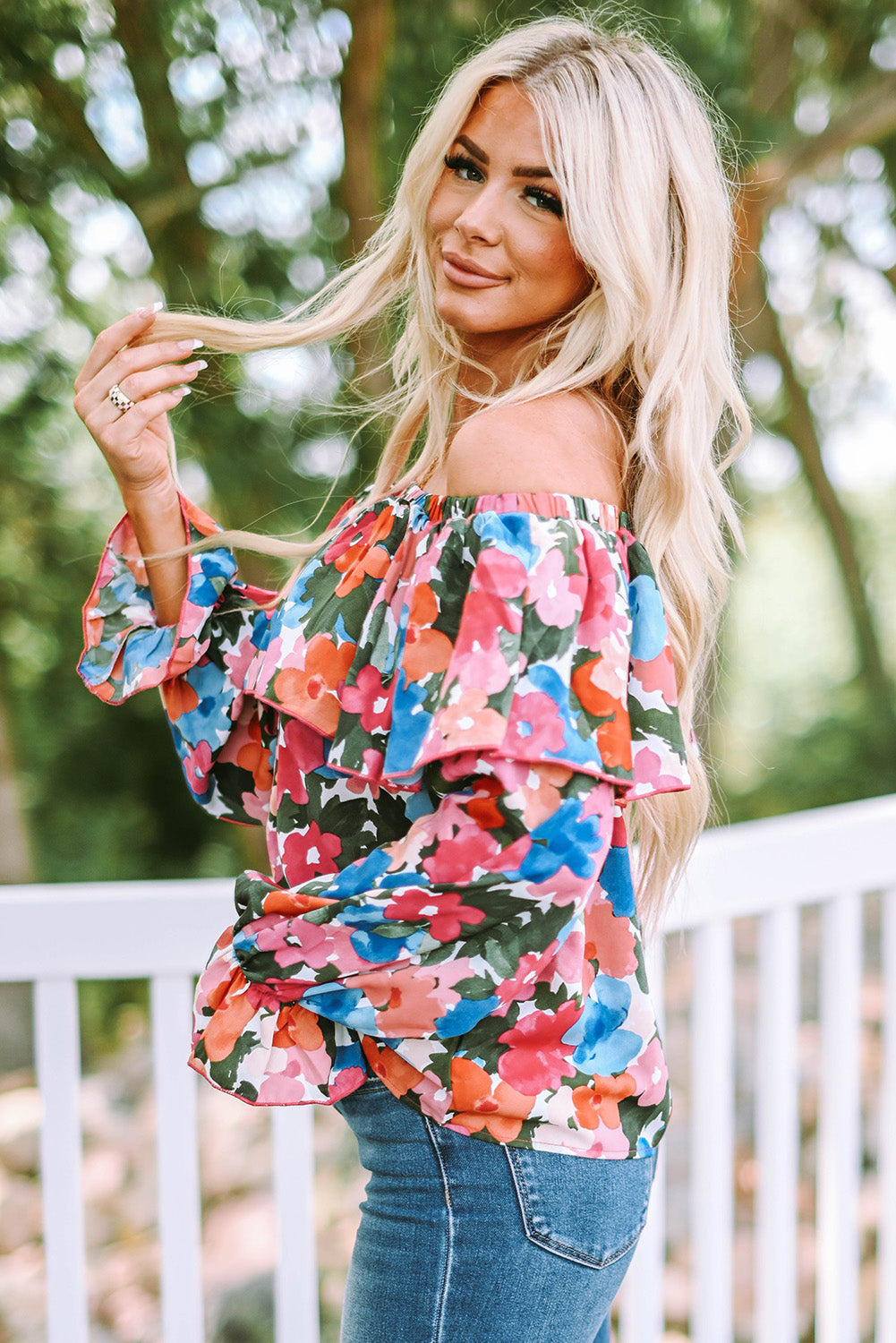 Multicolor Bohemian Floral Print Shirred Ruffle Off Shoulder BlouseMaterial:100%Polyester


	

			This floral print blouse is perfect to change a stylish summer look
		
		
			Featured with off-shoulder, puffy sleeve, and flora