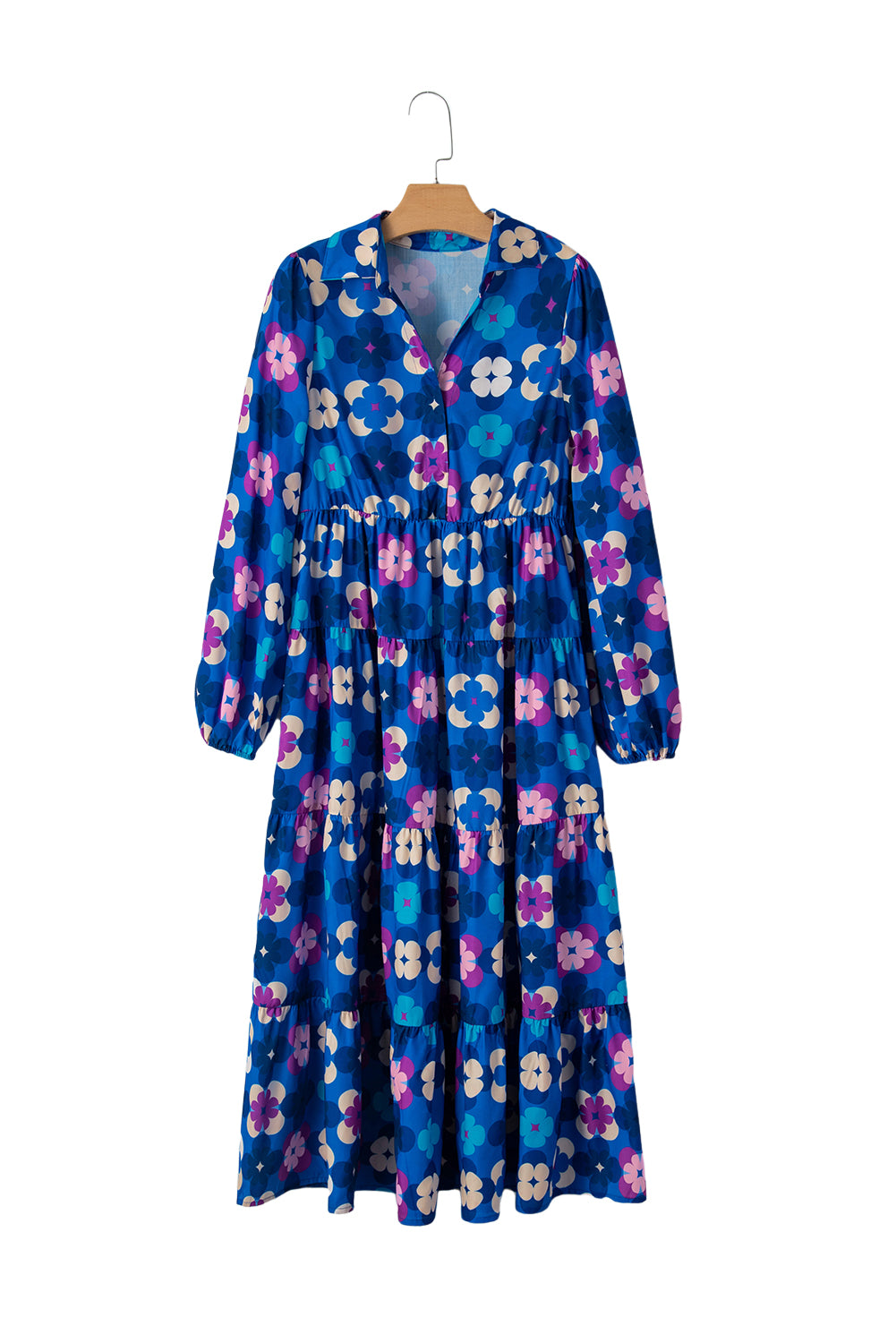 Blue Floral Peasant Sleeve Tiered Ruffle Midi DressMaterial:100%Polyester

• Embrace the charm of bohemian style with this midi dress, featuring a beautiful blue floral print that exudes effortless elegance.
• The 