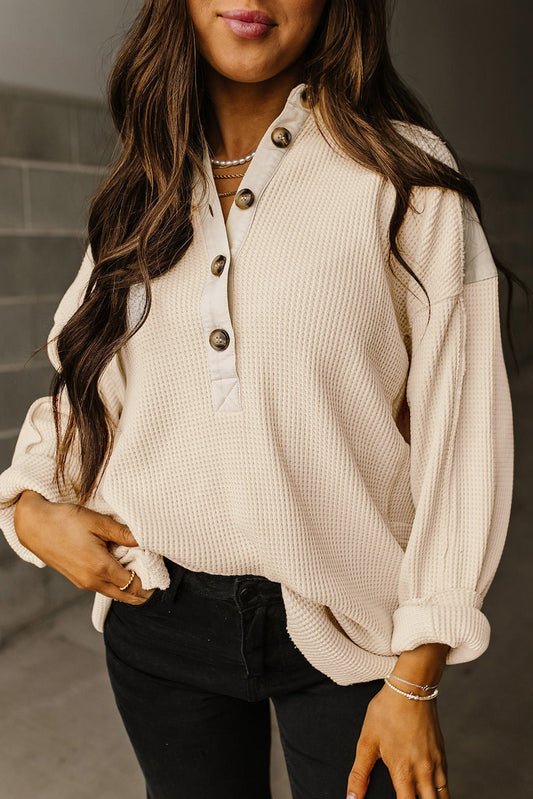 Jet Stream Waffle Patchwork Long Sleeve Henley Top