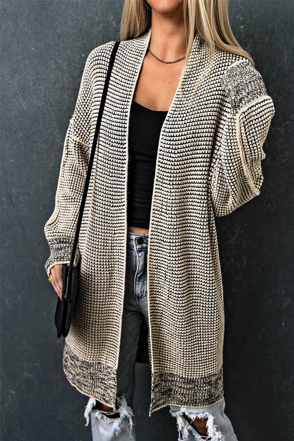 Grey Plaid Contrast Trim Casual Knit Cardigan