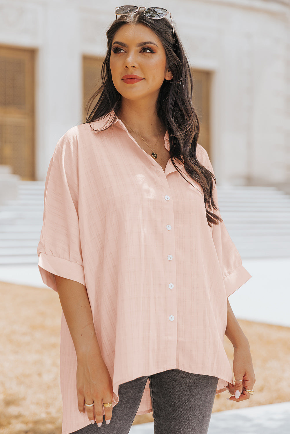 Pink Half Sleeve Collared Button Up BlouseMaterial:100%Polyester



		It features a flattering high-low hemline for a stylish touch.
	
	
		The collared design adds a touch of sophistication.
	
	
		Th