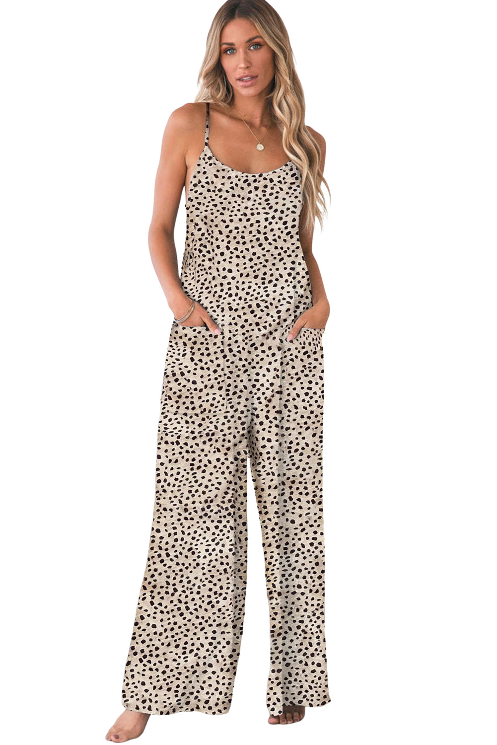 Khaki Leopard Print Spaghetti Strap U Neck Wide Leg JumpsuitMaterial:95%Polyester+5%Elastane



		•Jumpsuits can be ordered in bulk for wholesale purposes.
	
	
		•The leopard print creates a bold and daring look that wil