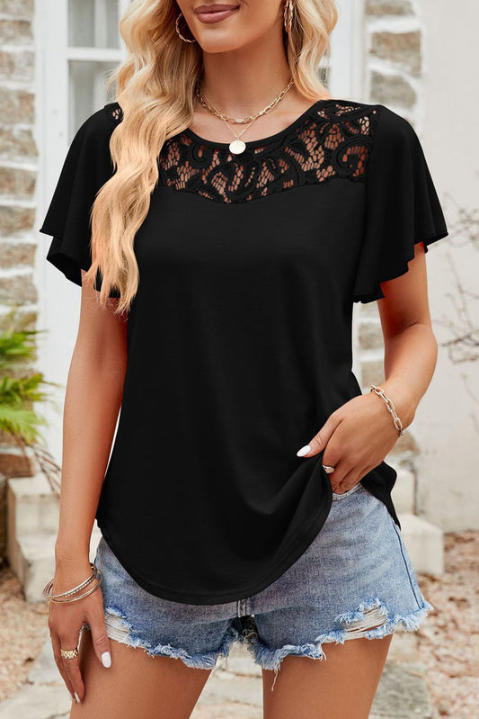 Black Cut Out Lace Patchwork Flutter Sleeve Blouse• Elegant black lace detailing adds a touch of sophistication to this patchwork cut-out shirt, perfect for a stylish day-to-night look.
• The flutter sleeves create