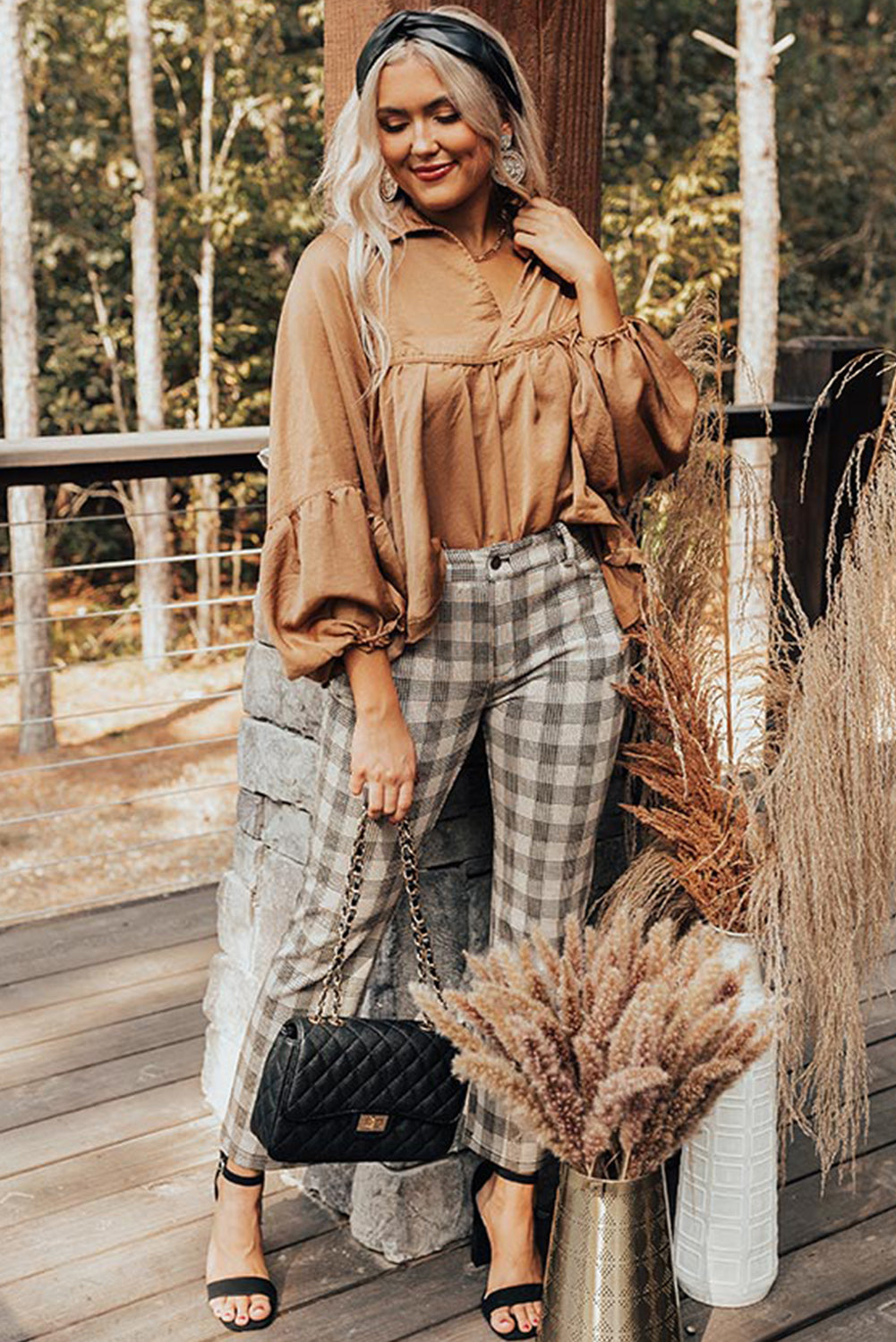 Brown Solid Color Lantern Sleeve Collared Boho TopMaterial:100%Polyester



		Made from high-quality materials for durability and comfort.
	
	
		It features 3/4 lantern sleeves and a collared neckline.
	
	
	