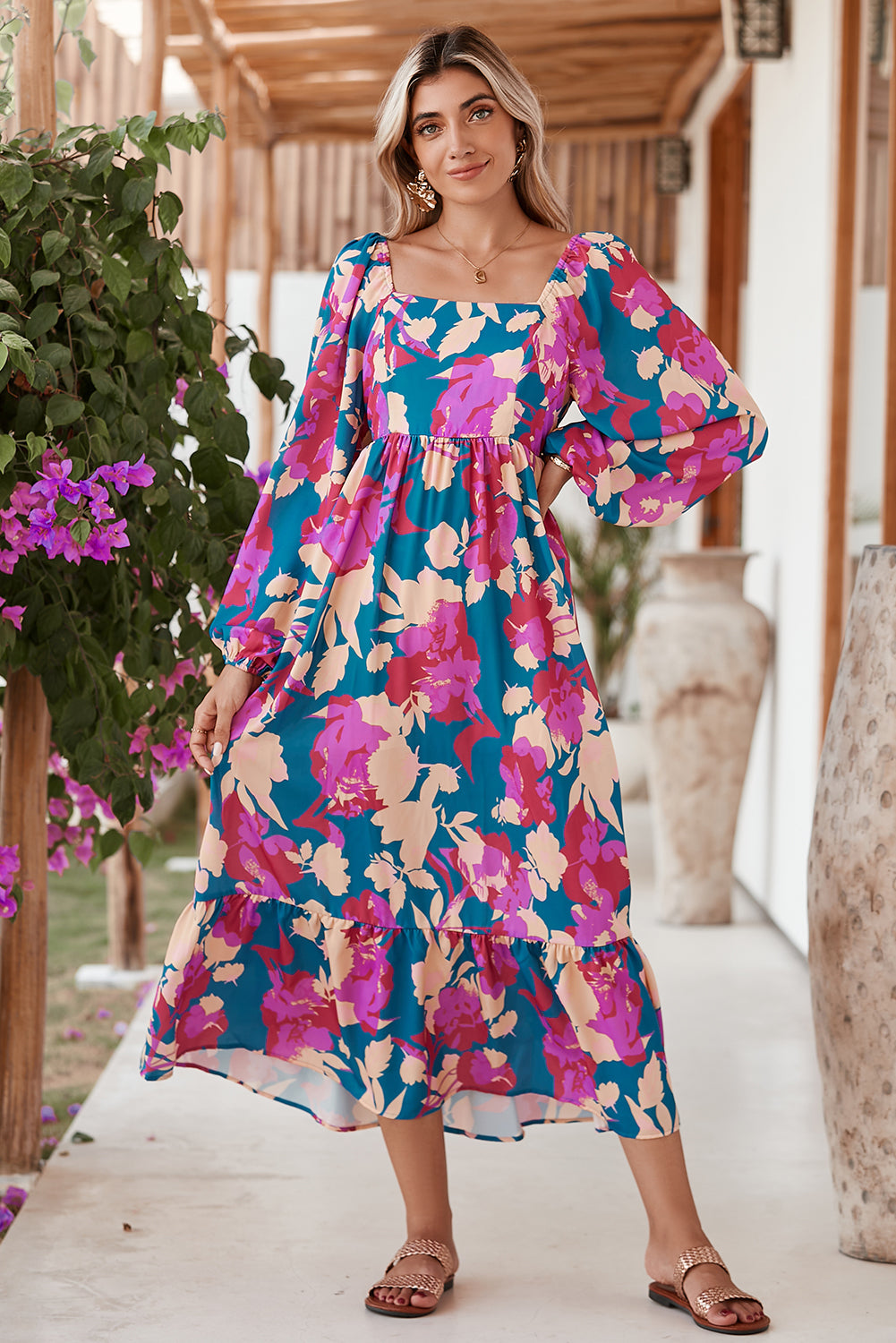 Multicolor Boho Floral Print Square Neck Ruffle Midi DressMaterial:100%Polyester



		This puff-sleeve dress brings a touch of vintage charm and whimsy
	
	
		Embrace the beauty of nature with the captivating floral pri