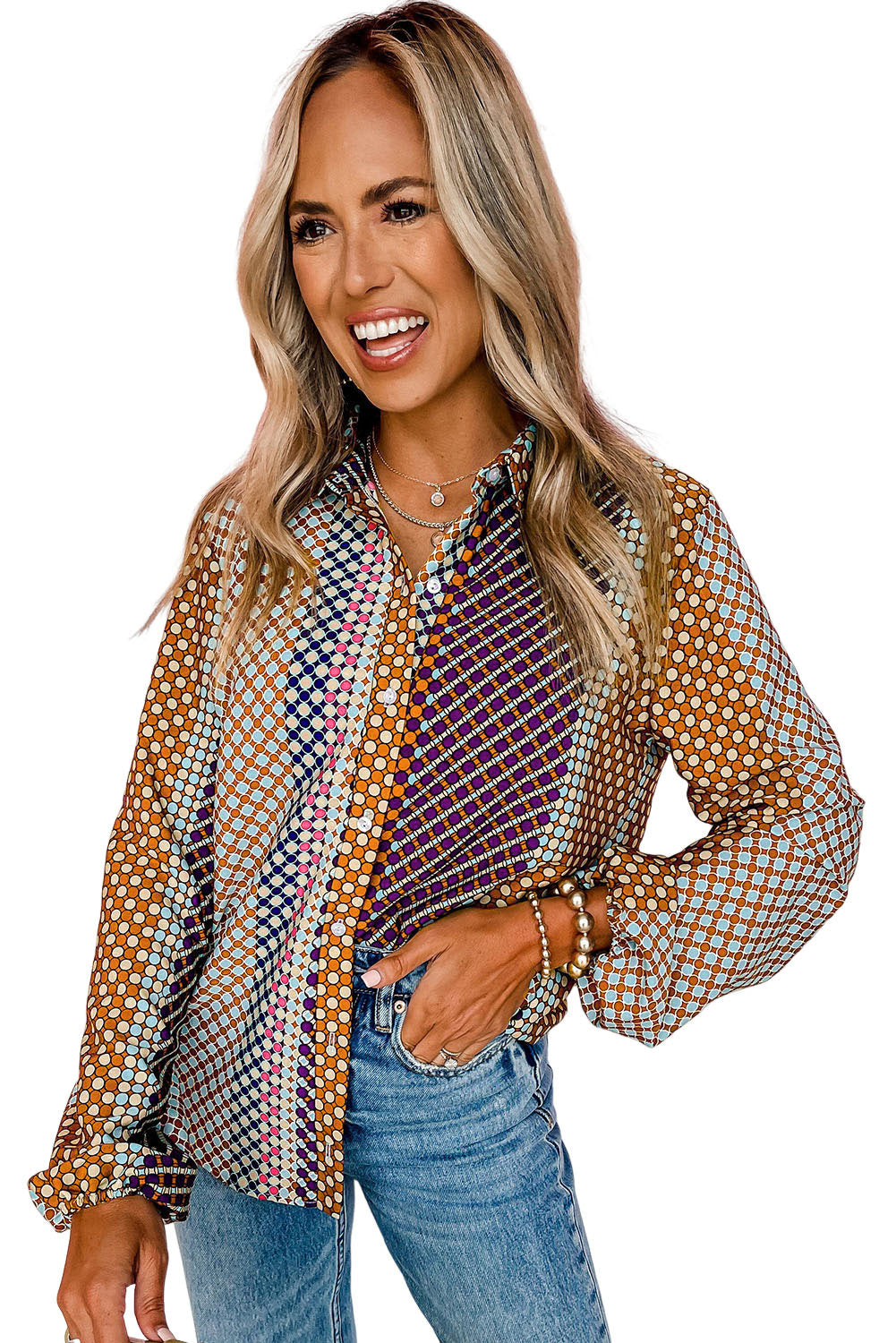 Brown Dot Print Long Sleeve Button Down Shift ShirtMaterial:100%Polyester



		Effortlessly stylish with a playful dot print
	
	
		Long sleeves provide coverage and warmth
	
	
		Versatile button-down design f