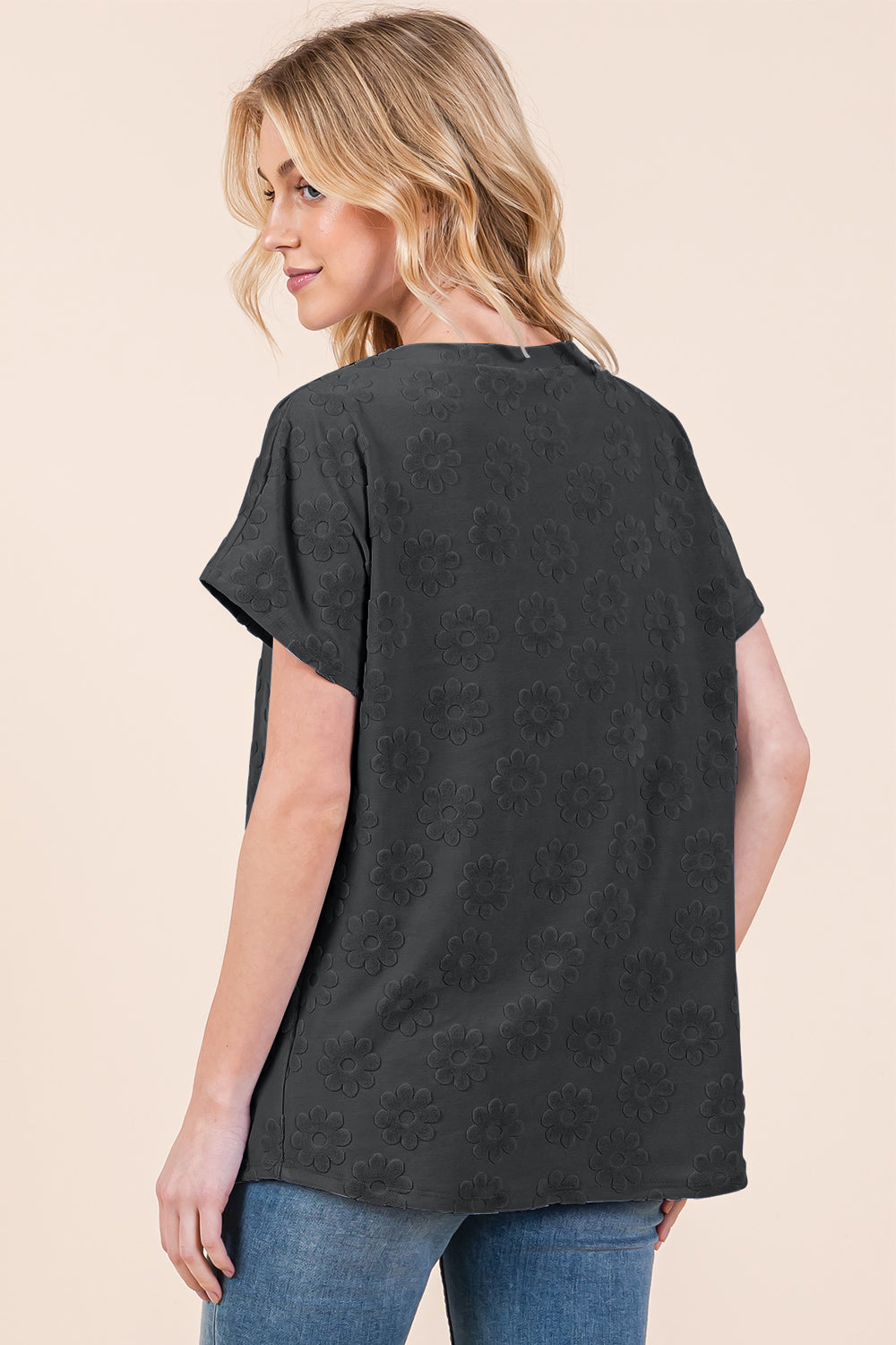 BOMBOM Textured Floral Pattern Short Sleeve T-ShirtThe Textured Floral Pattern Short Sleeve T-Shirt is a lovely and versatile addition to your casual wardrobe. The delicate floral pattern adds a touch of femininity t