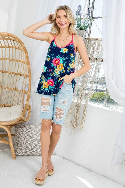 PLUS ALLOVER FLORAL TANK TOPPLUS ALLOVER FLORAL PRINT JERSEY TANK TOP- Plus Allover floral tank top- V neck sleeveless- Spaghetti strap relaxed fit- Floral print jersey- 95% RAYON, 5% SPANDEX- 