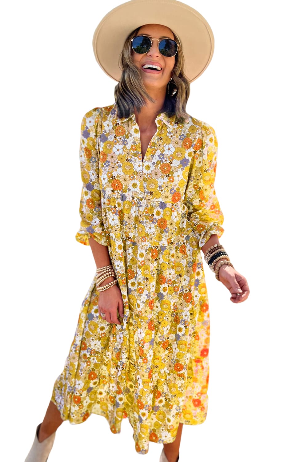 Multicolor Boho Floral Collared Long Sleeve DressMaterial:100%Polyester


	


		The dress is a whimsical and free-spirited dress that showcases a beautiful array of multicolor floral patterns.
	
	
		The coll