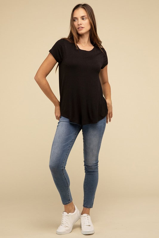 Flowy Round Hem Rayon Short Sleeve TopThe Flowy Round Hem Rayon Short Sleeve Top is the perfect addition to your casual wardrobe. Crafted from soft, lightweight rayon, this top features a relaxed fit and