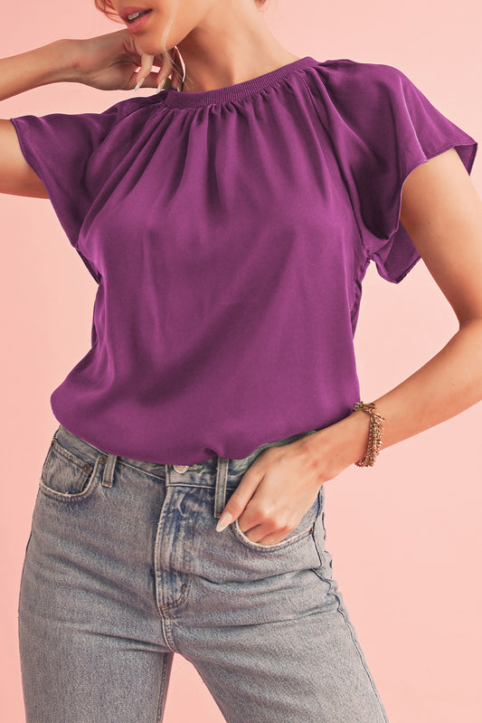 Violet Solid Color Pleated Flutter Sleeve Satin BlouseMaterial:100%Polyester



		This satin top is soft and sleek
	
	
		The shiny satin fabric makes this top looks elegant and luxurious
	
	
		The pleated detail