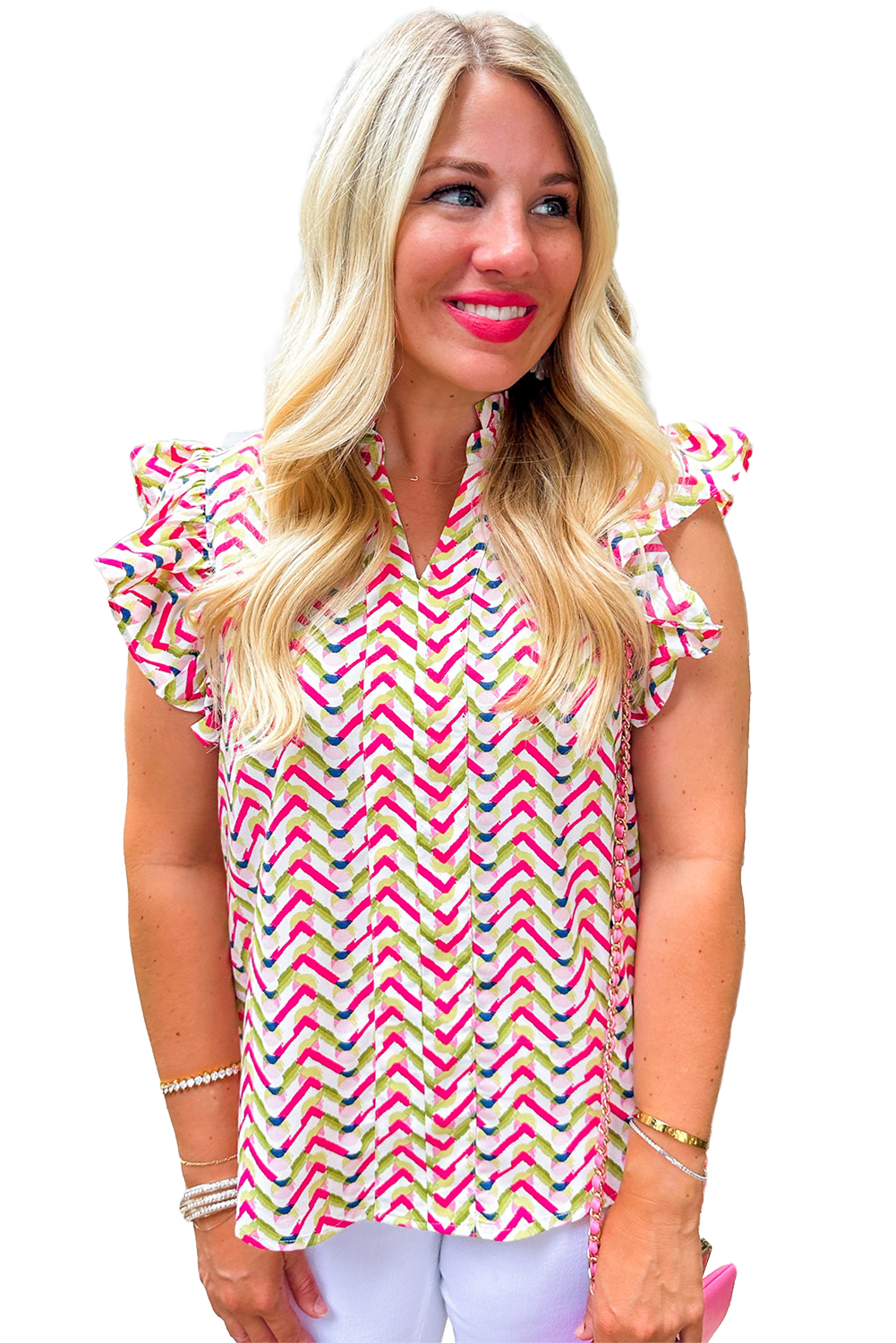 Multicolor Chevron Print Frill V Neck Ruffle BlouseMaterial:100%Polyester



		Be a style icon in this printed blouse
	
	
		This stylish top is featured with chevron print all over
	
	
		It has a ruffled notc