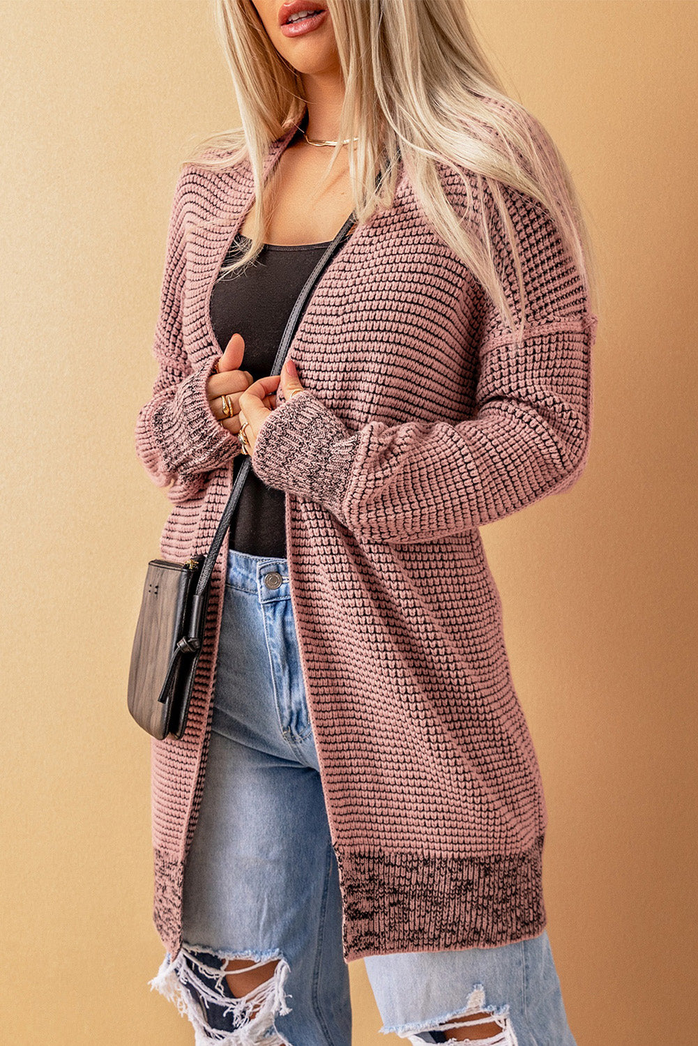 Grey Plaid Contrast Trim Casual Knit Cardigan