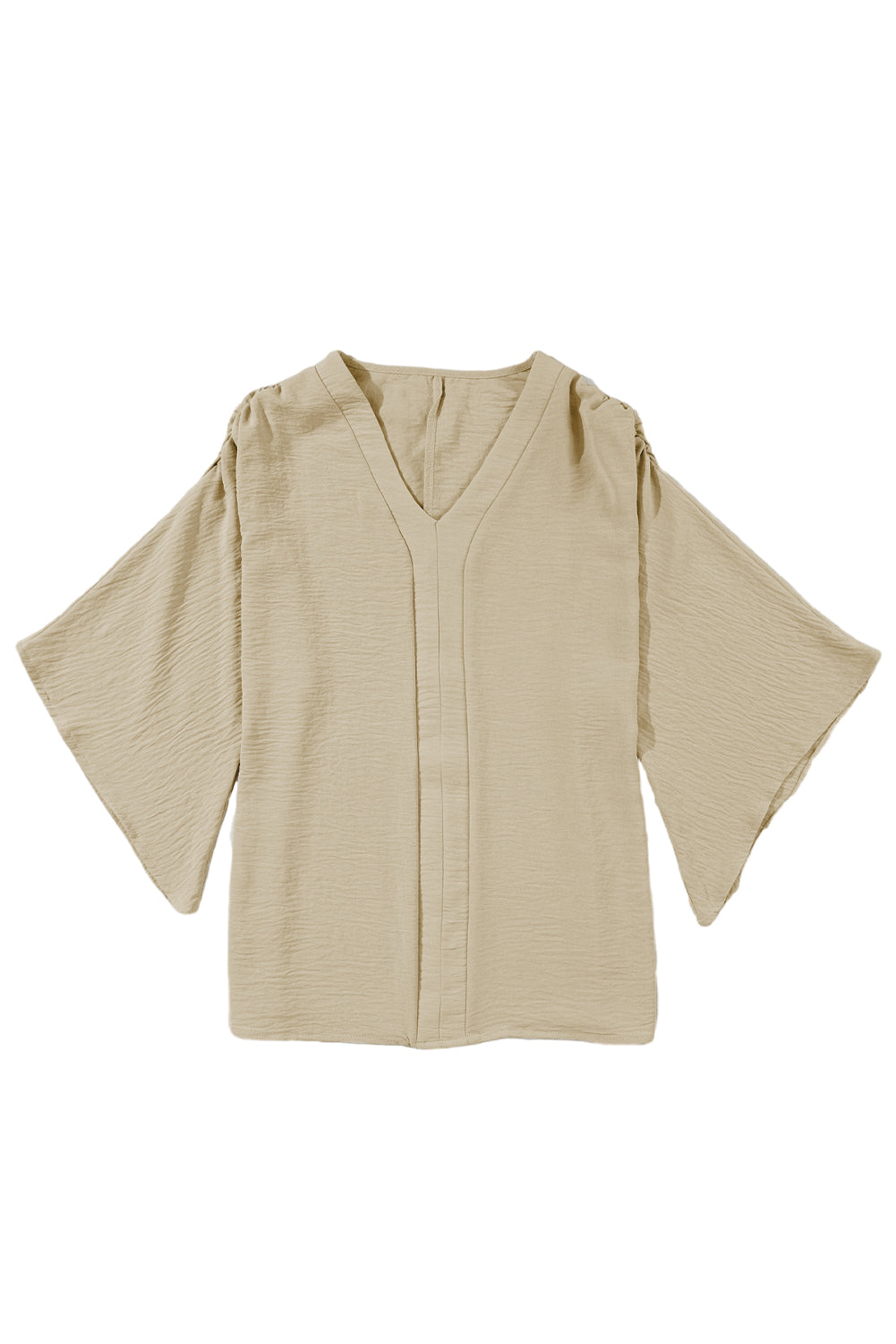 Parchment Solid Color Crinkled V Neck Ruffled Sleeve BlouseMaterial:100%Polyester



		The blouse comes in a solid color, which provides a clean and versatile look. 
	
	
		The crinkled effect also makes the blouse resis