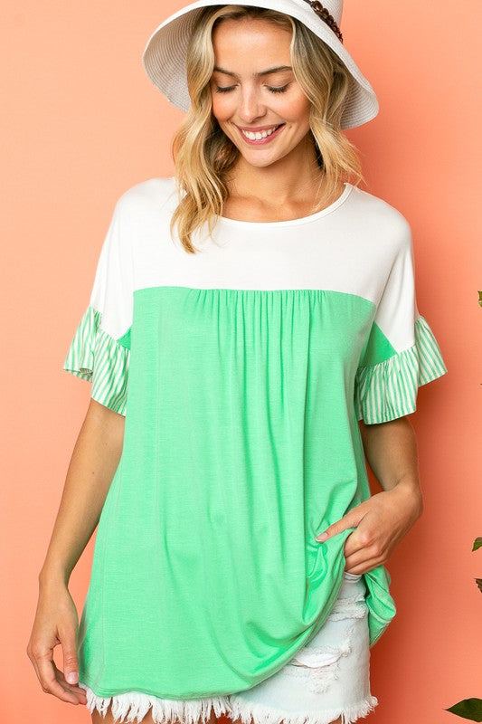 SOLID STRIPE BABY DOLL TOPSOLID AND PIN STRIPE JERSEY MIXED ROUND NECK RUFFLED SHORT SLEEVE BABY DOLL TOP95% RAYON, 5% SPANDEX MADE IN USAS/M/L 2-2-2
Style: Casual
Print / Pattern: SOLID AND 