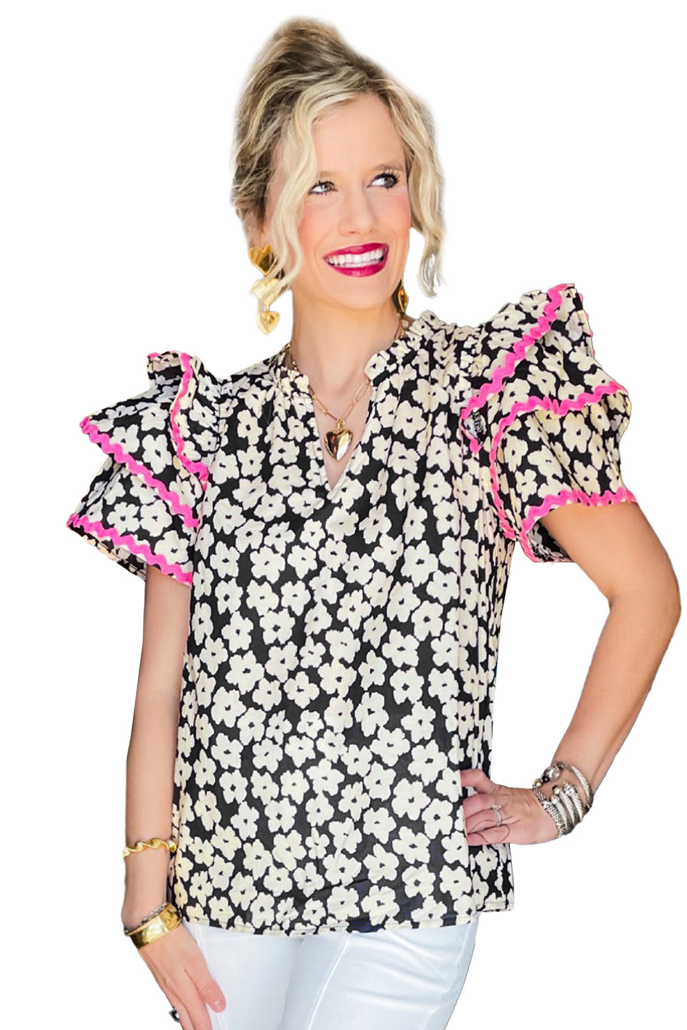 Black Contrast Ric Rac Layered Ruffle Sleeve Floral BlouseMaterial:100%Cotton



		Playful details: This floral blouse features a vibrant print, playful ric rac trim, and romantic layered ruffle sleeves for a touch of whi