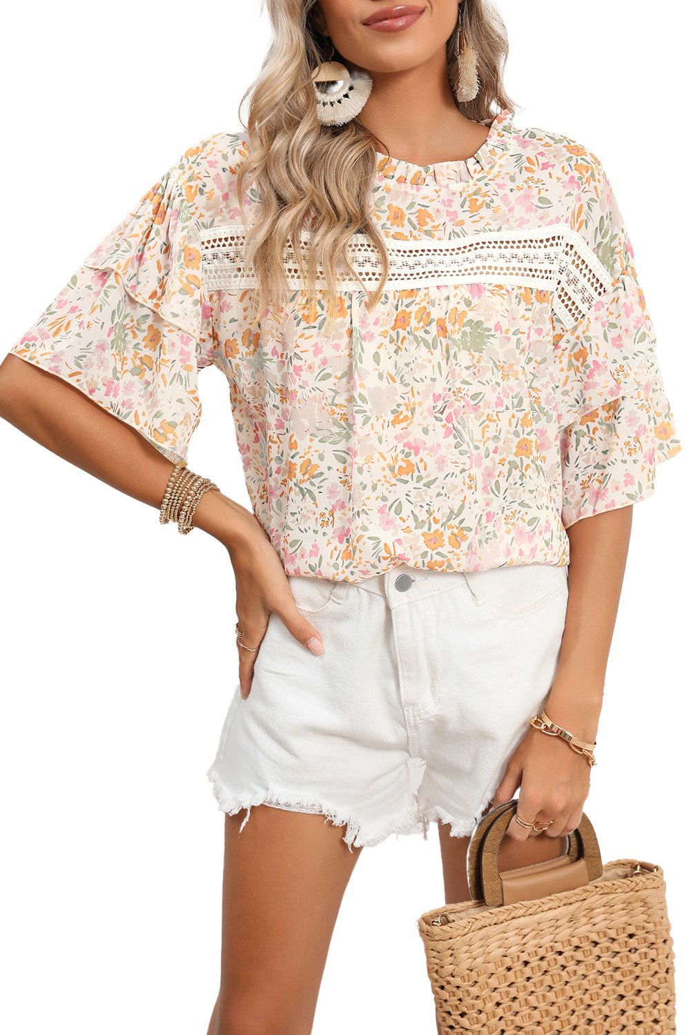 Multicolor Floral Print Wide Batwing Sleeves BlouseMaterial:100%Polyester



		The round neck design gives a classic touch to the blouse
	
	
		Wide ruffle sleeves make a statement and add volume
	
	
		Lace sp