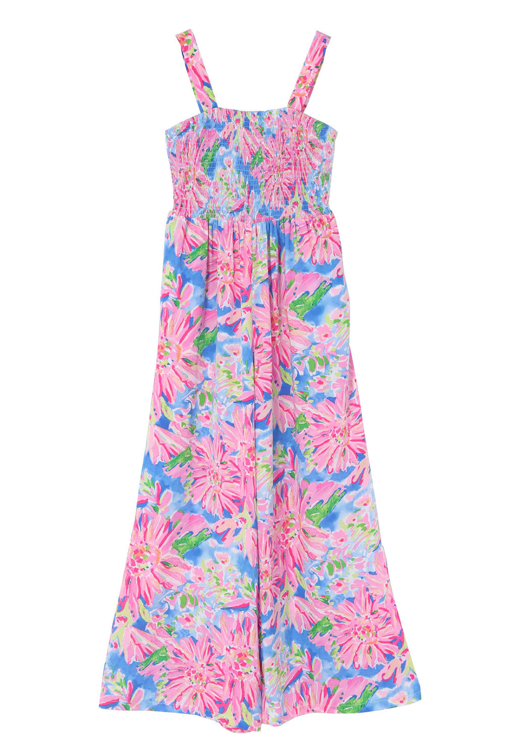 Pink Abstract Floral Painting Smocked Wide Leg JumpsuitMaterial:100%Polyester



		The jumpsuit features a colorful abstract floral print that adds a playful touch to the piece. 
	
	
		The smocked bodice creates a f