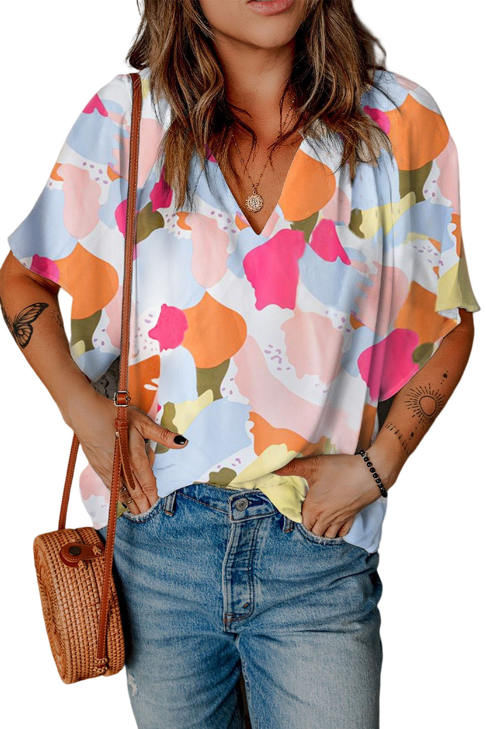 Multicolor Abstract Print Flutter Sleeve V Neck BlouseMaterial:100%Polyester



		Flutter sleeves for a feminine touch.
	
	
		V-neckline adds a flattering silhouette.
	
	
		Lightweight and breathable fabric for 