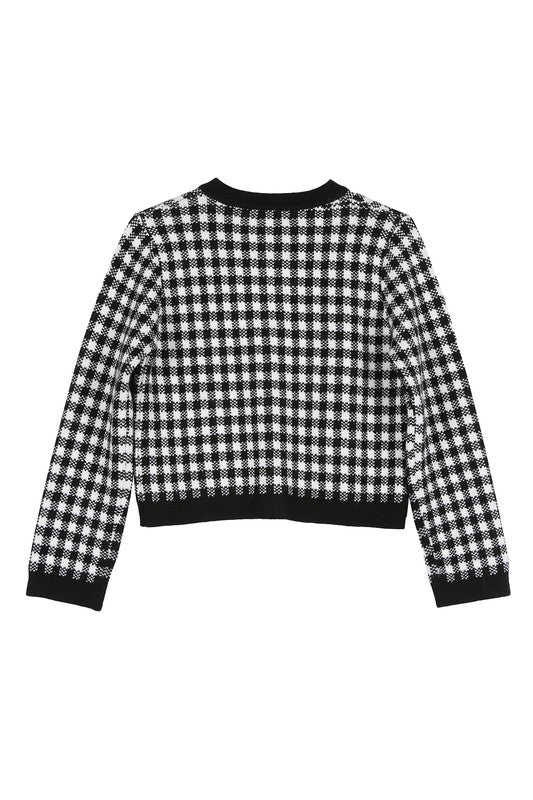 Black check knitted jacket- Black check knitted jacket, heavy weight fabric, 4 snap buttons, 2 functional pockets- Pattern type : check pattern- Neck line : round neck- Sleeve type : regular 