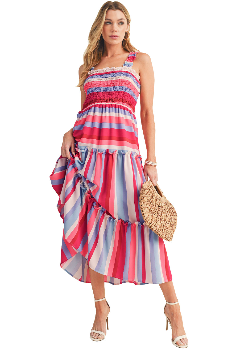 Red Stripe Ruffled Straps Smocked Tiered Midi DressMaterial:100%Polyester



		Embrace the timeless charm of the multicolor stripes pattern, making this long dress a classic and popular choice.
	
	
		Achieve a p