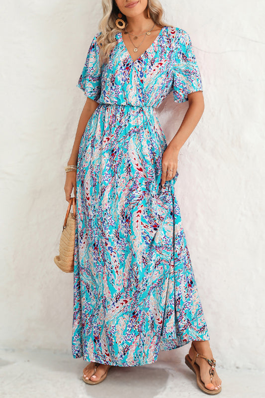 Abstract Botanic Print Wrap V Neck Short Sleeve Maxi DressMaterial:100%Viscose



		•The wrap style makes it a flattering and comfortable option for all body types.
	
	
		•The short sleeves make it ideal for warmer wea