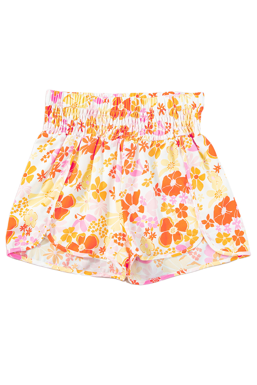 Pink Boho Floral Shirred High Waist Athletic Shorts