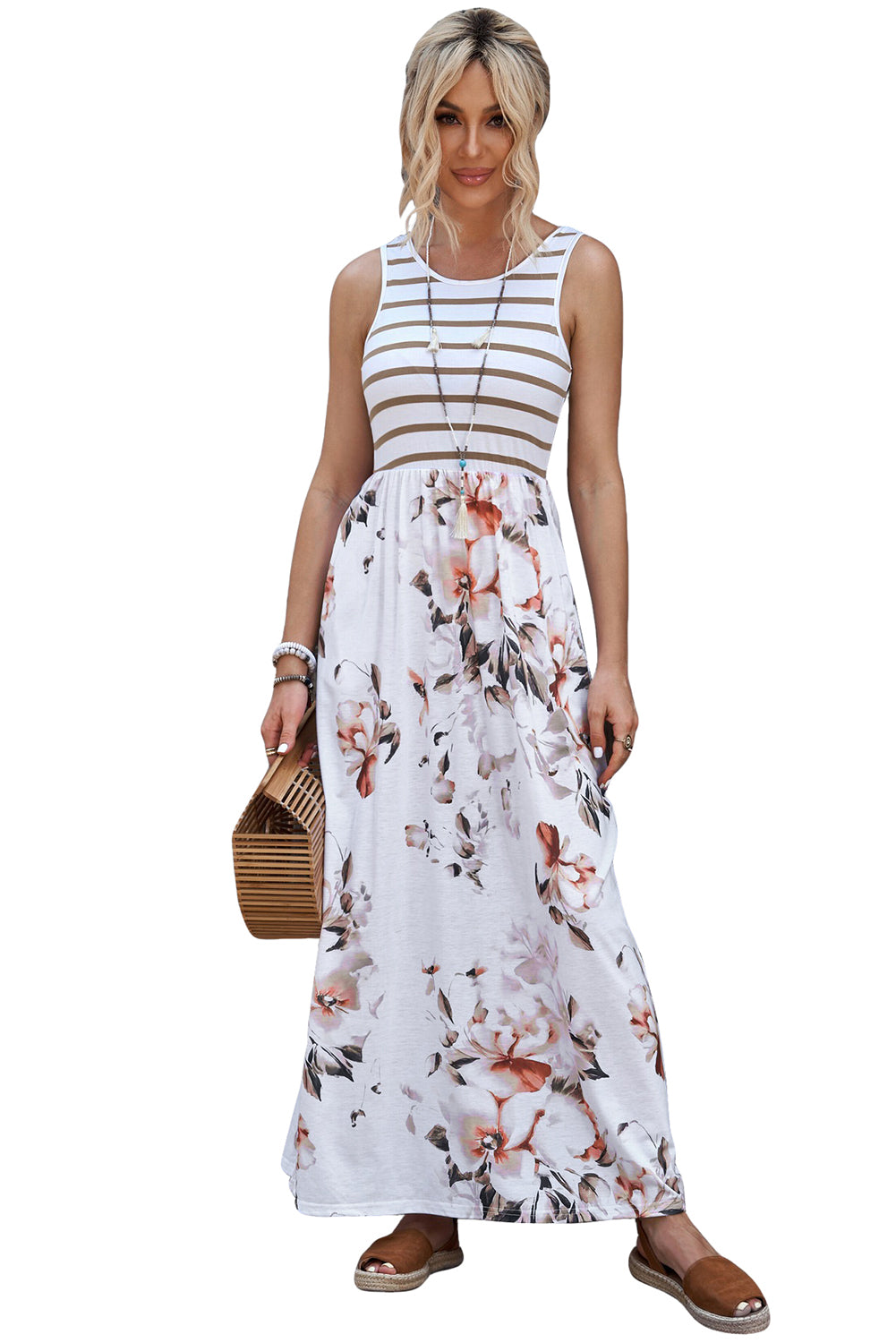 White Boho Stripes & Floral Print Floor Length Tank DressMaterial:95%POLYESTER+5%ELASTANE



		•Easy Match: This long dress goes well with sandals, high heels, a hat, or worn with a pretty necklace for a fashion look, wh