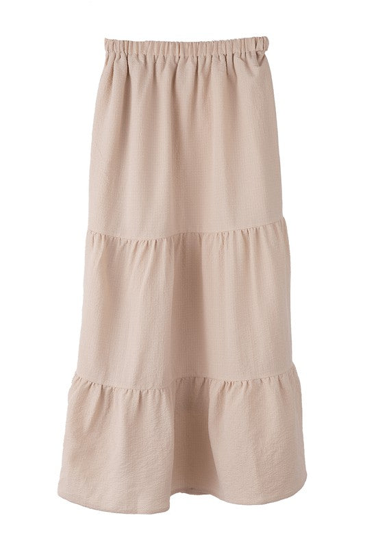 Tiered maxi skirt- Tiered maxi skirt- Pattern type : solid- Stretch : stretch- Sheer : Beige - lined and no see through / Black - not lined, but not very sheer- Care instruction : ma