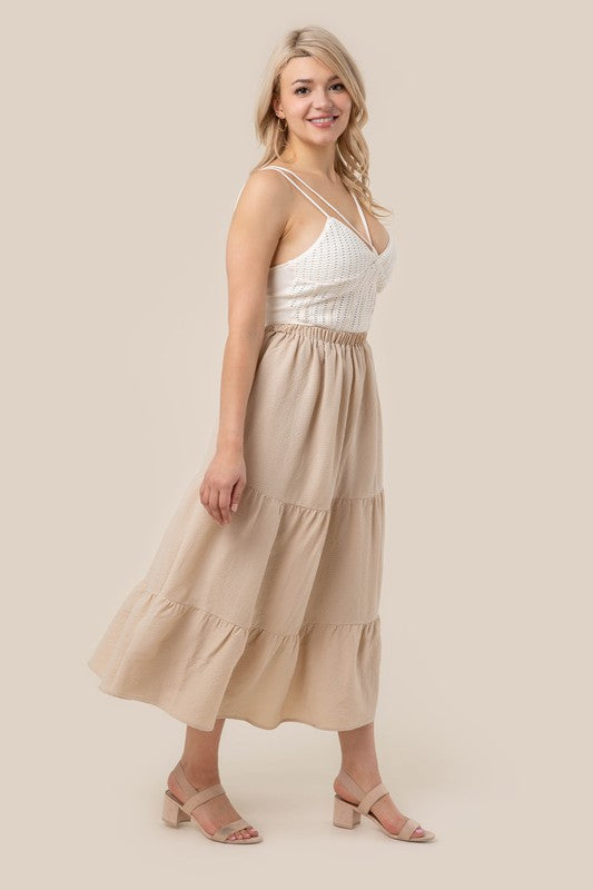 Tiered maxi skirt- Tiered maxi skirt- Pattern type : solid- Stretch : stretch- Sheer : Beige - lined and no see through / Black - not lined, but not very sheer- Care instruction : ma