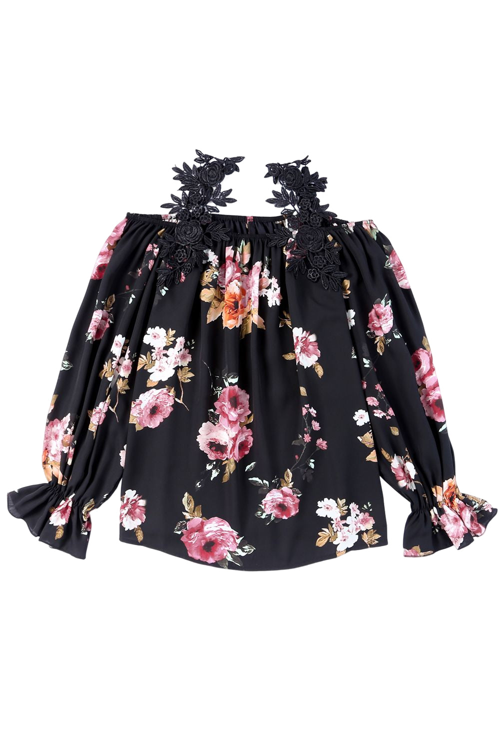 Black Floral Print Lace Loose Off Shoulder BlouseMaterial:100%Polyester



		The cold shoulder
design makes this blouse much sexier than you think
	
	
		The sleekness and
silkiness touch gives endless comfor