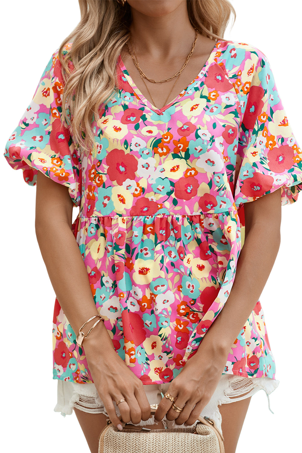 Multicolour Boho Floral Short Puff Sleeve Babydoll BlouseMaterial:100%Polyester



		This blouse features a chic boho vibes with charming floral print all over
	
	
		Short puff sleeves add a playful touch
	
	
		The