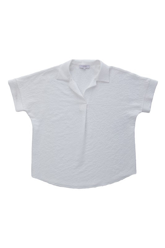 Shirt collared blouse- Shirt collared blouse- Pattern type : solid- Neck line : shirt collared- Sleeve type : regular sleeves- Sleeve length : short sleeves- Stretch : stretch- Sheer : n