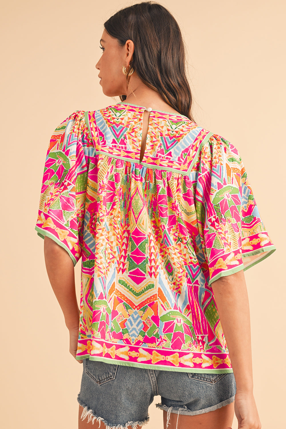 Orange Geometric Print Bell Sleeve Babydoll Blouse