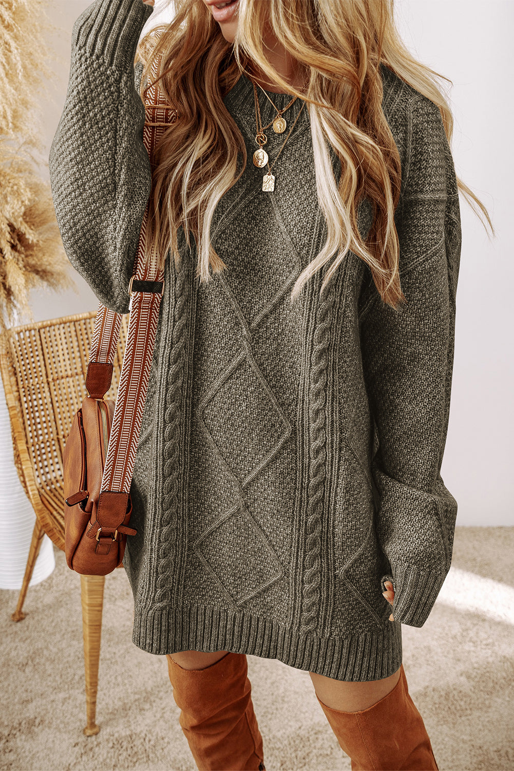 Parchment Twist Cable Knit Drop Shoulder Loose Fit Sweater Dress