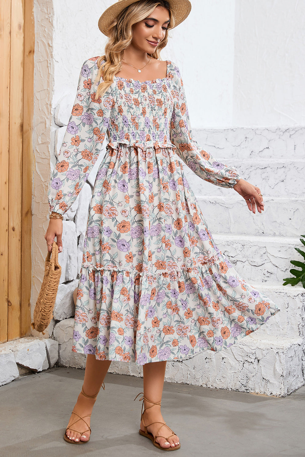 Multicolor Floral Print Smocked Pocketed Flared Midi DressMaterial:100%Polyester



		Get ready to turn heads in this gorgeous floral dress
	
	
		Featuring a square neckline and flowy tiered midi-length skirt silhouett