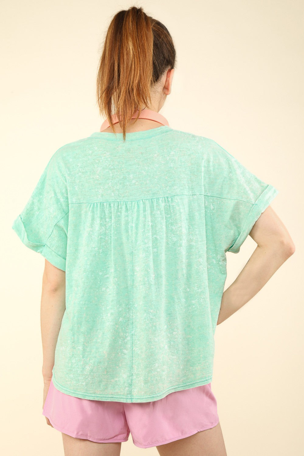 VERY J Nochted Short Sleeve Washed T-ShirtThe Notched Washed Knit Top features a stylish washed knit fabric for a laid-back yet trendy look. The short folded sleeves add a casual touch to the top, perfect fo