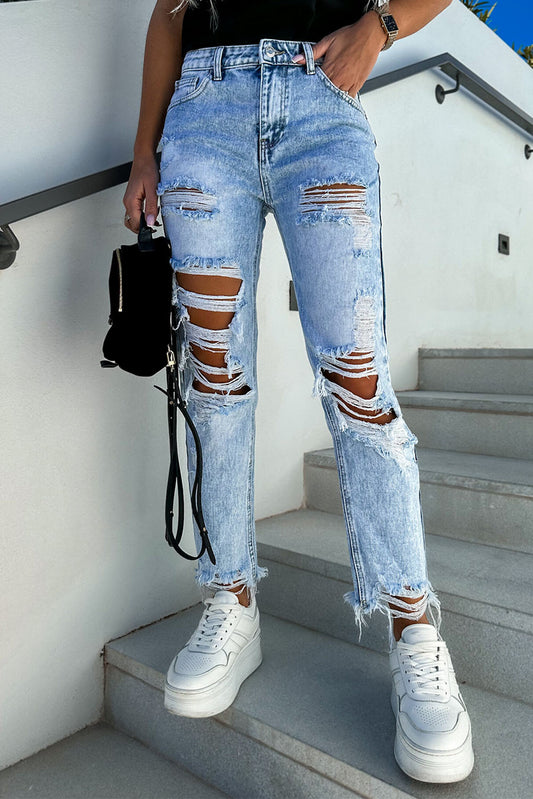 Sky Blue Acid Wash Distressed Slim Fit JeansMaterial:65%cotton+33%polyester+2%Elastane



		Elevate your fashion game with these retro and fashion-forward acid wash jeans. 
	
	
		Their edge distressed des