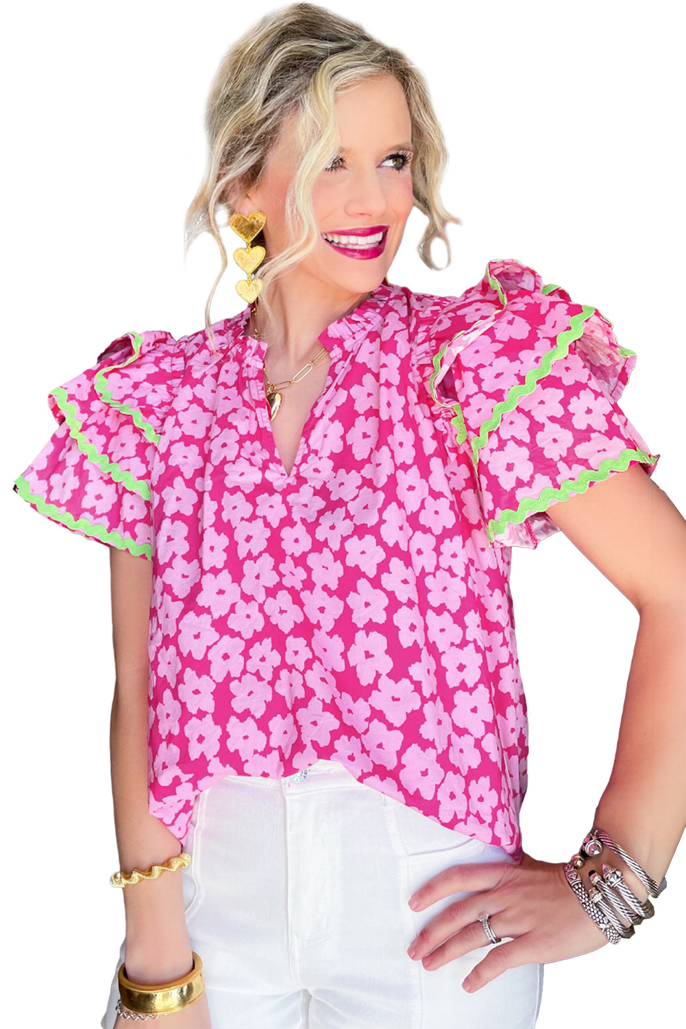 Black Contrast Ric Rac Layered Ruffle Sleeve Floral BlouseMaterial:100%Cotton



		Playful details: This floral blouse features a vibrant print, playful ric rac trim, and romantic layered ruffle sleeves for a touch of whi